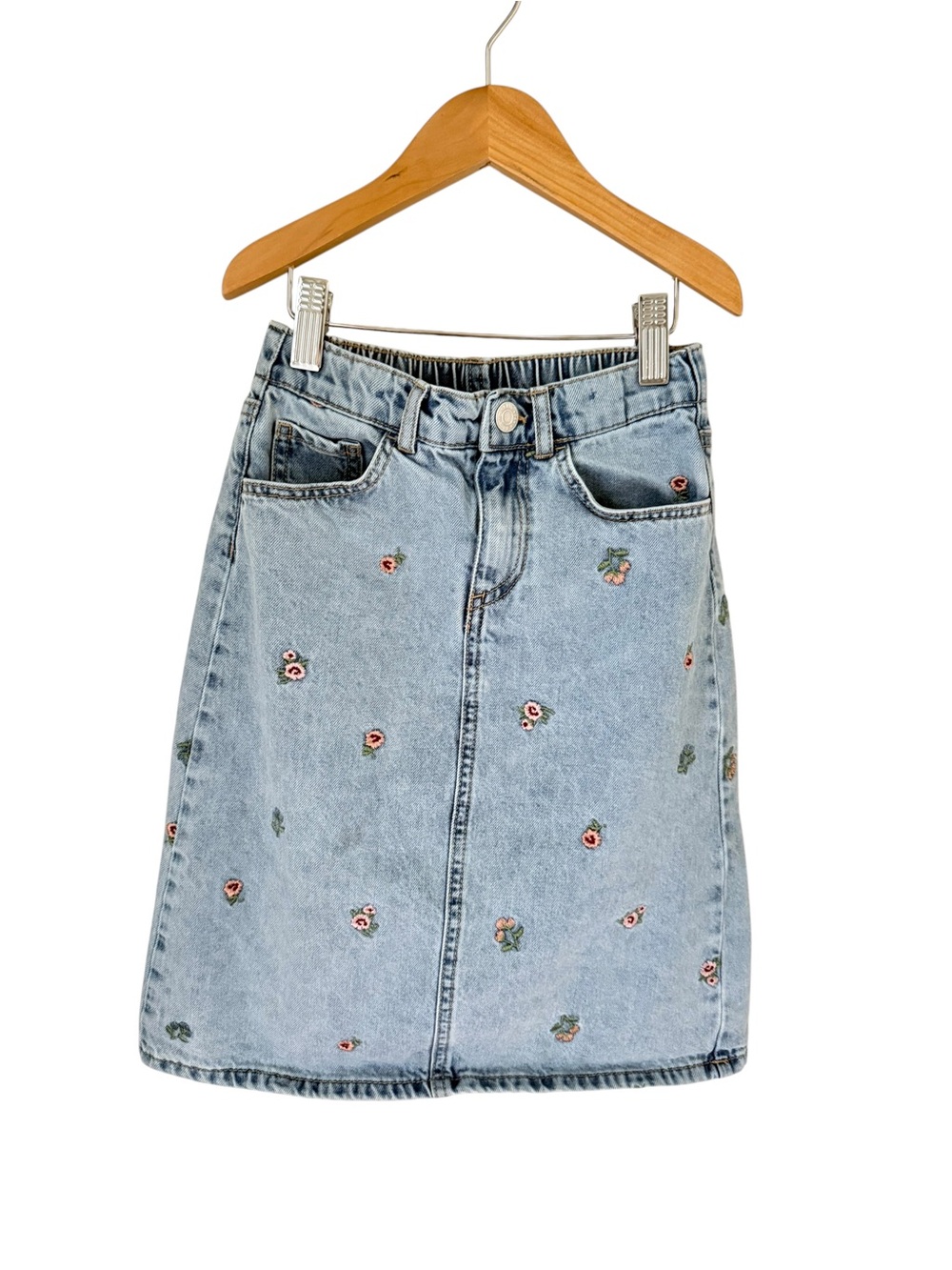 H&M Light Blue Denim Skirt with Floral Embroidery 6Y